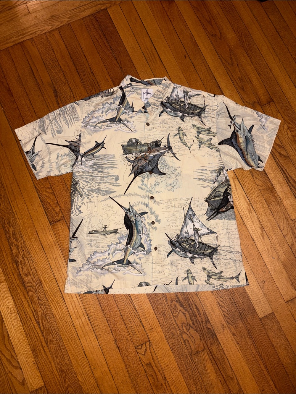 Vintage Men’s 2X Guy Harvey button down t-shirt Santiago’s Big Blue Marlin